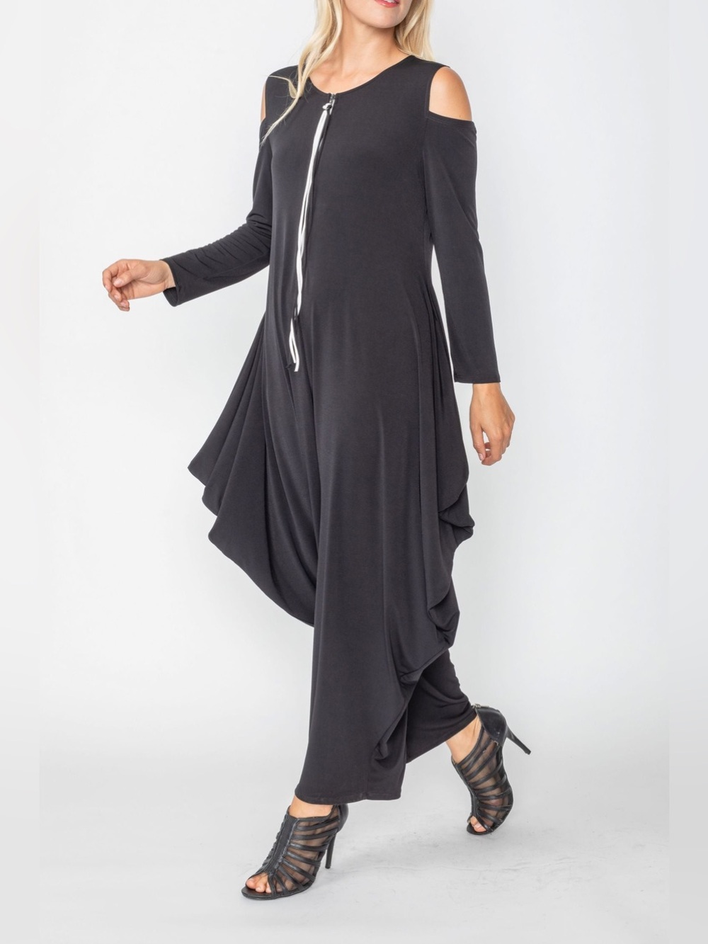 IC by Connie K Cold Shoulder Long Sleeve Lantern Lagenlook Jumpsuit in Black